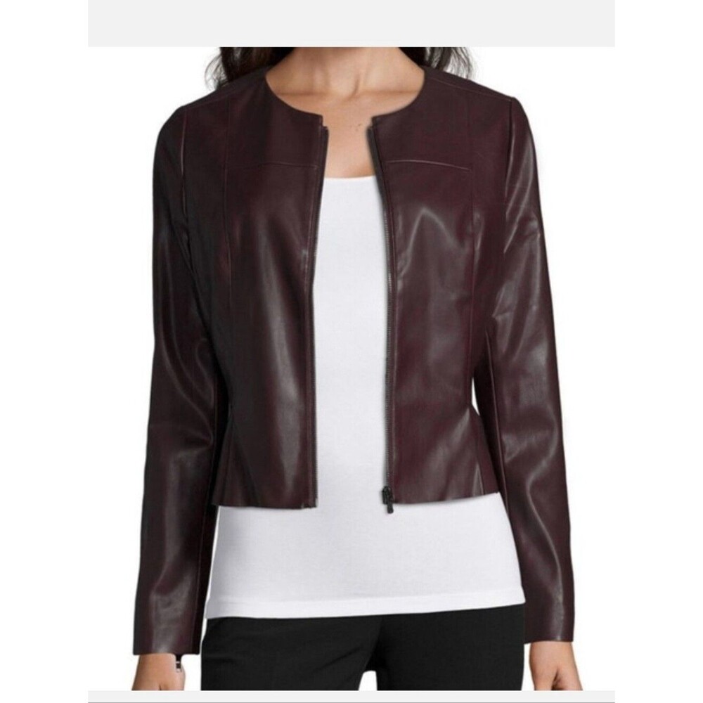 Worthington Women's Dark Burgundy Faux Leather Peplum Full Zip Jacket Size 16
